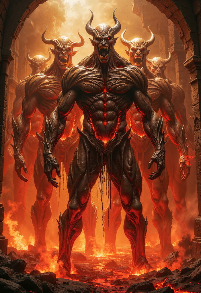 BAELTHOR horned lava demons rising in volcanic ruins, towering infernal warriors with molten skin and blazing eyes in epic dark realism dark fantasy art
