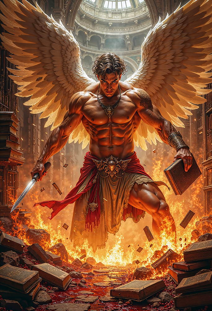 Calvoran the Archangel of the Burning Tome in epic dark realism, angel with sword and burning book, wings of fire inside a ruined cathedral.