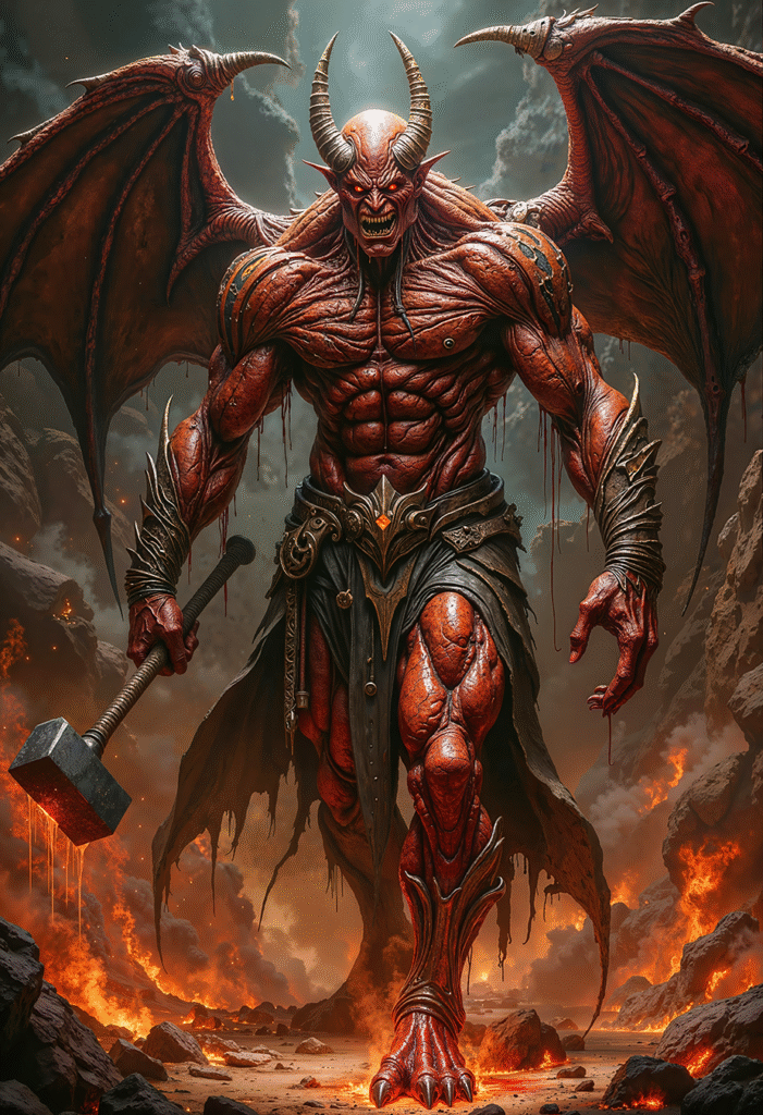 Drakorun red winged demon wielding a massive warhammer, infernal dark fantasy warrior in volcanic battlefield, epic dark realism artwork