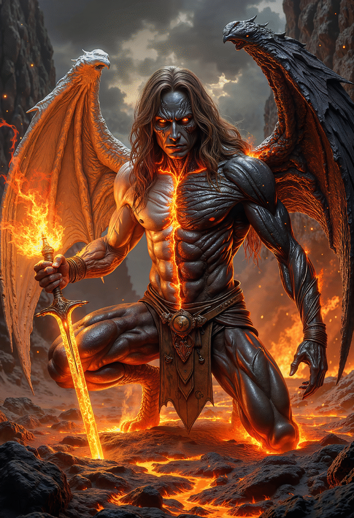 KAELZOR infernal dualborn angel demon with blazing sword, split body of fire and shadow, kneeling in volcanic battlefield in epic dark realism fantasy art