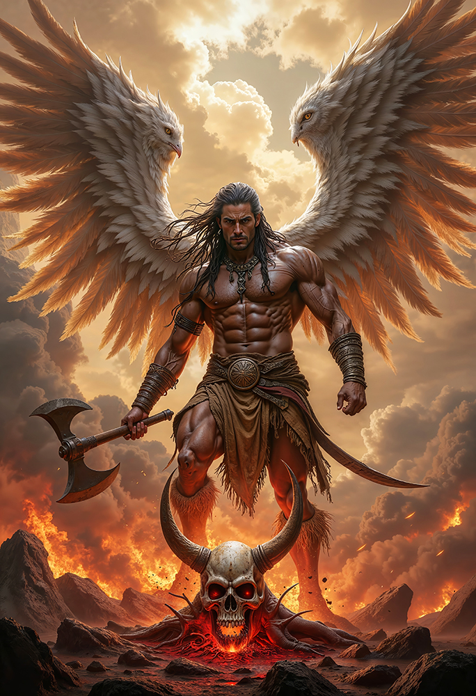 Epic dark realism of KORMAEL, Archangel of the Last Silence, Native-inspired angel warrior with tomahawk, eagle wings, standing on battlefield skull.