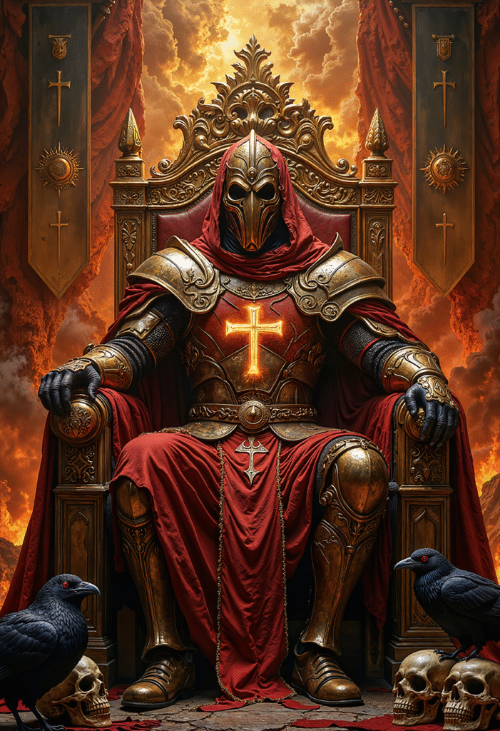 MALVARON the Crimson Cross King of the Ashen Throne, armored dark king seated on infernal throne with glowing cross and ravens, epic dark realism fantasy art