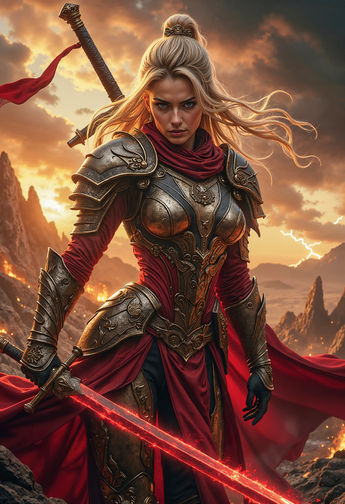 VALKYRA the Flameblade of the Dragon Reaches, armored warrior queen with blazing sword in epic dark realism dark fantasy art