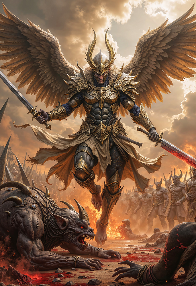 Varkorian the Archangel of Total Annihilation in epic dark realism, armored angel with golden wings and swords, standing over demons on battlefield of fire.