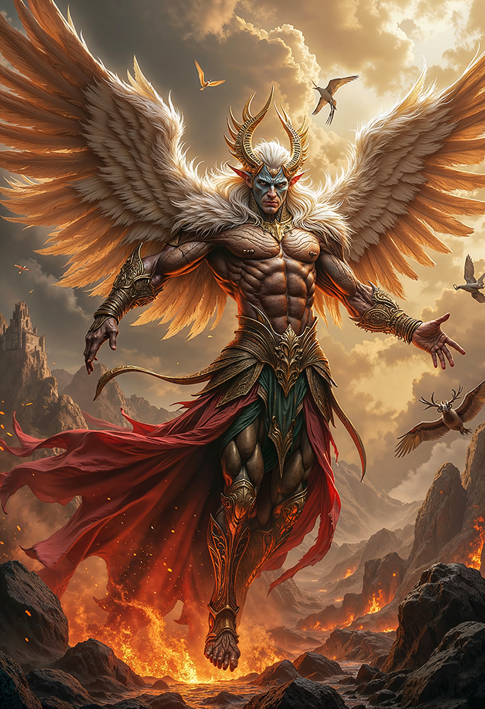 Epic Dark Realism artwork of Vazaryon, the Skyborne Archangel of Dominion – dark fantasy angel with blazing wings, infernal landscape, cinematic fantasy art by INFERAURUM