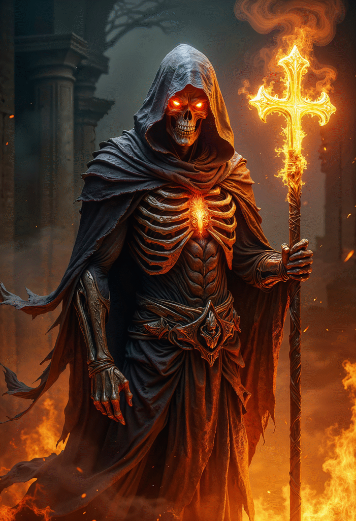 XARVELON the Grim Reaper of the Burning Cross, skeletal dark figure in hooded cloak with fiery cross staff and glowing eyes, epic dark realism fantasy art