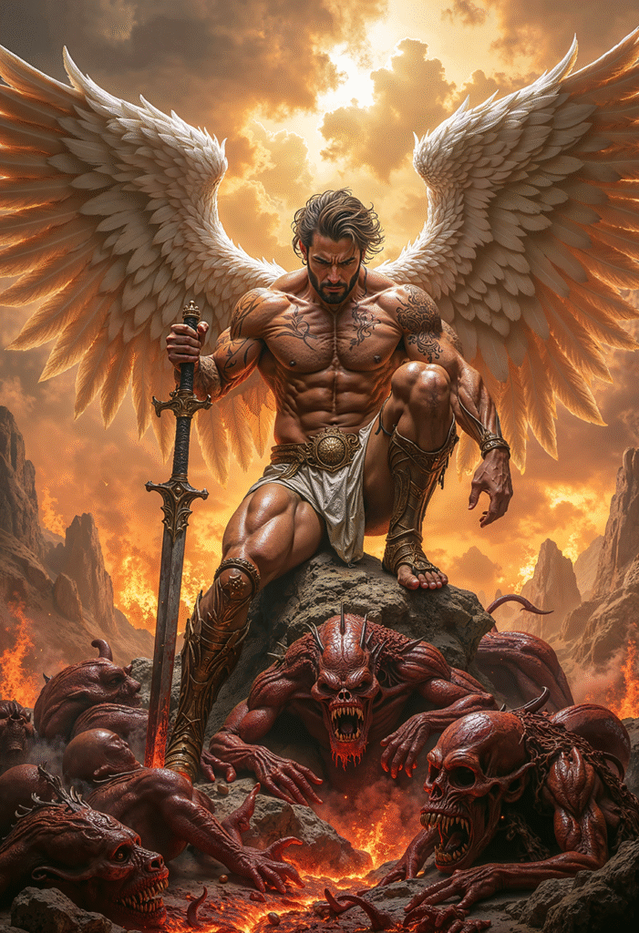 ZARION the avenging archangel of sacred wrath kneeling with sword over demonic creatures in epic dark realism dark fantasy art