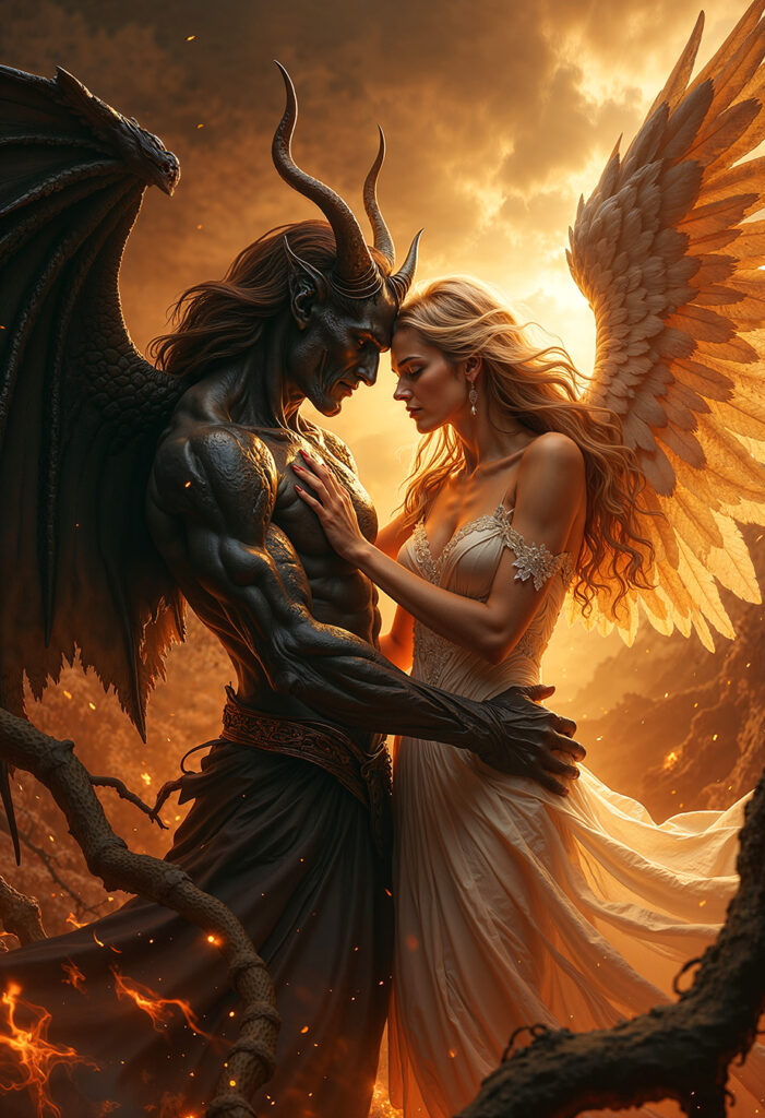 Epic dark realism artwork of an angel and a demon embracing in golden light, symbol of forbidden love and passion in Dark Romance.