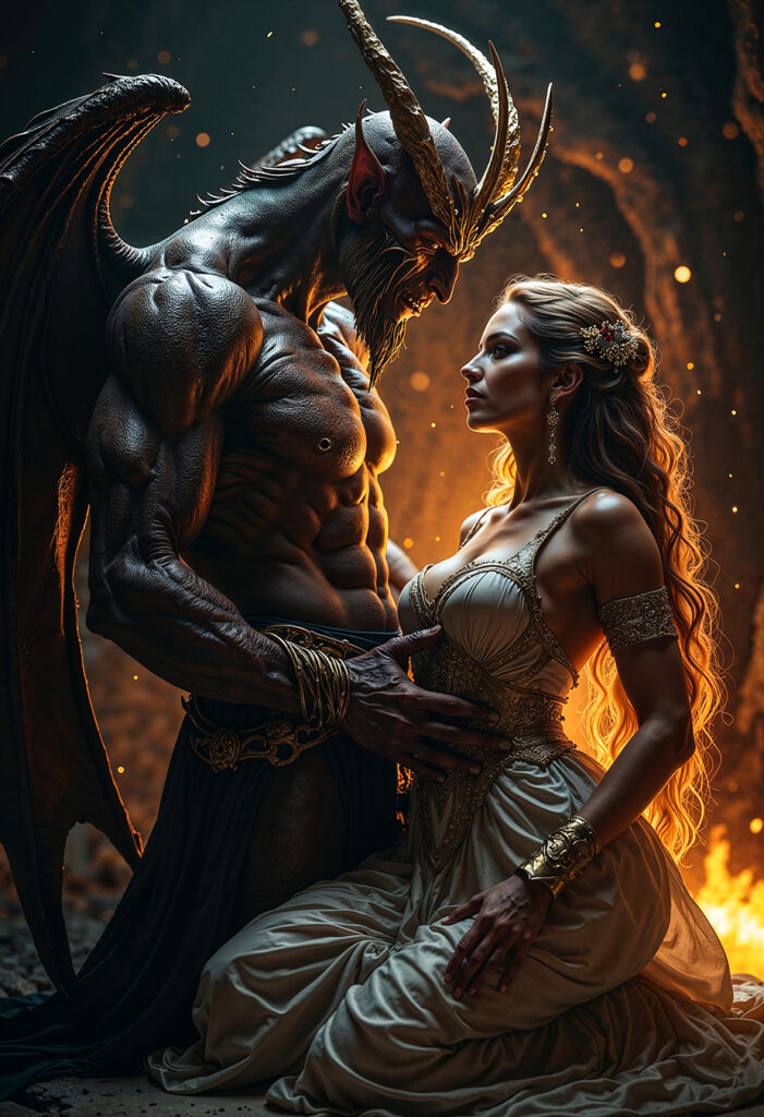 Epic dark realism artwork of a demon with golden horns embracing a princess in white, symbol of forbidden Dark Romance and infernal desire.