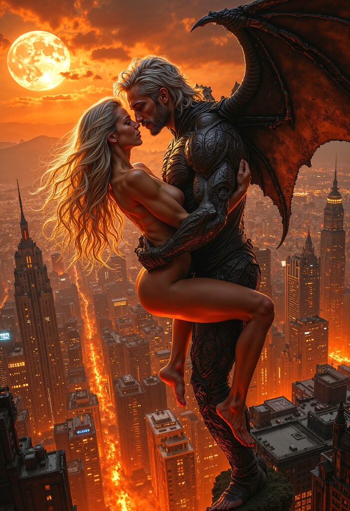 Epic dark realism artwork of a demon with wings holding a woman above a burning city skyline under a full moon – Dark Romance in modern chaos.