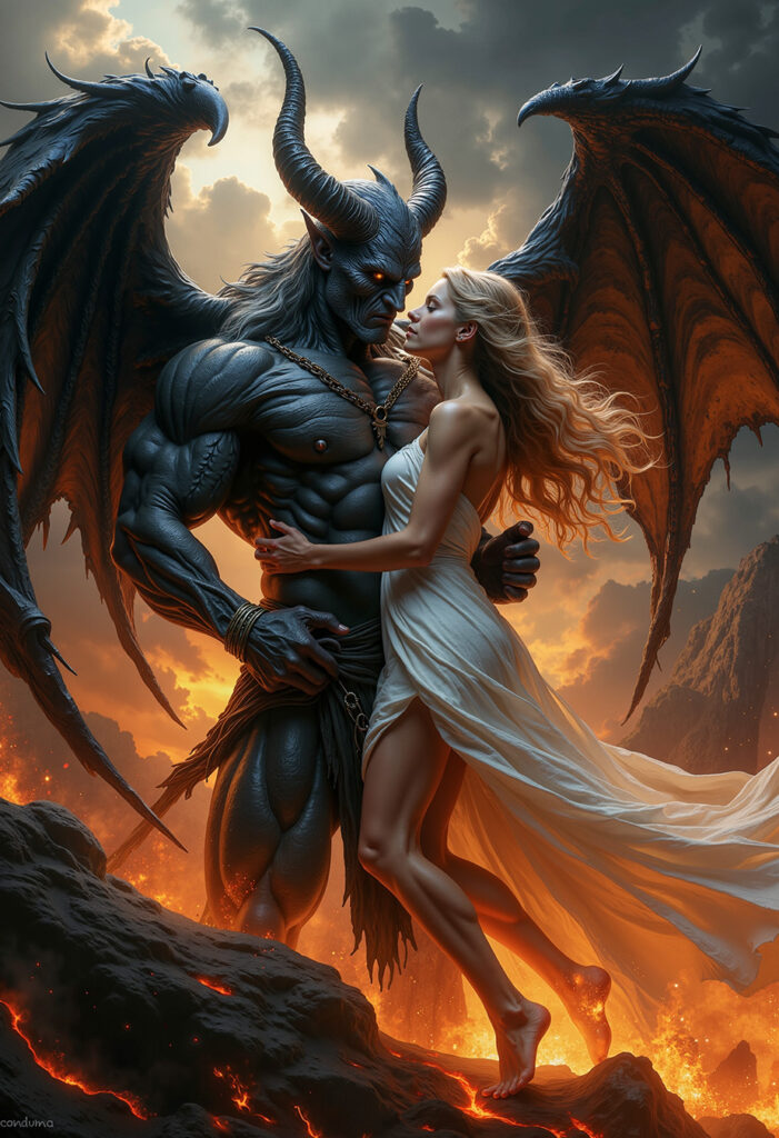 Epic dark realism artwork of a dark demon embracing a woman in white, symbol of forbidden love in Dark Romance.