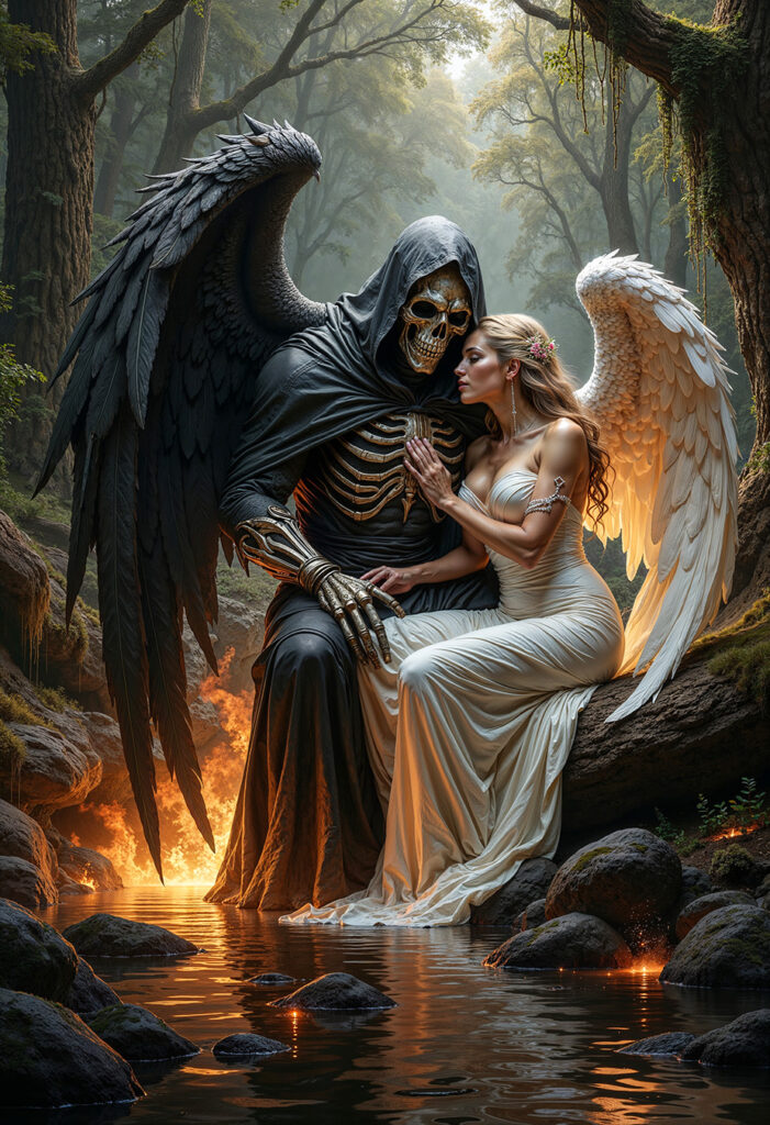 Epic dark realism artwork of a grim reaper and an angel in white, locked in forbidden embrace beside fire and water – Dark Romance personified.
