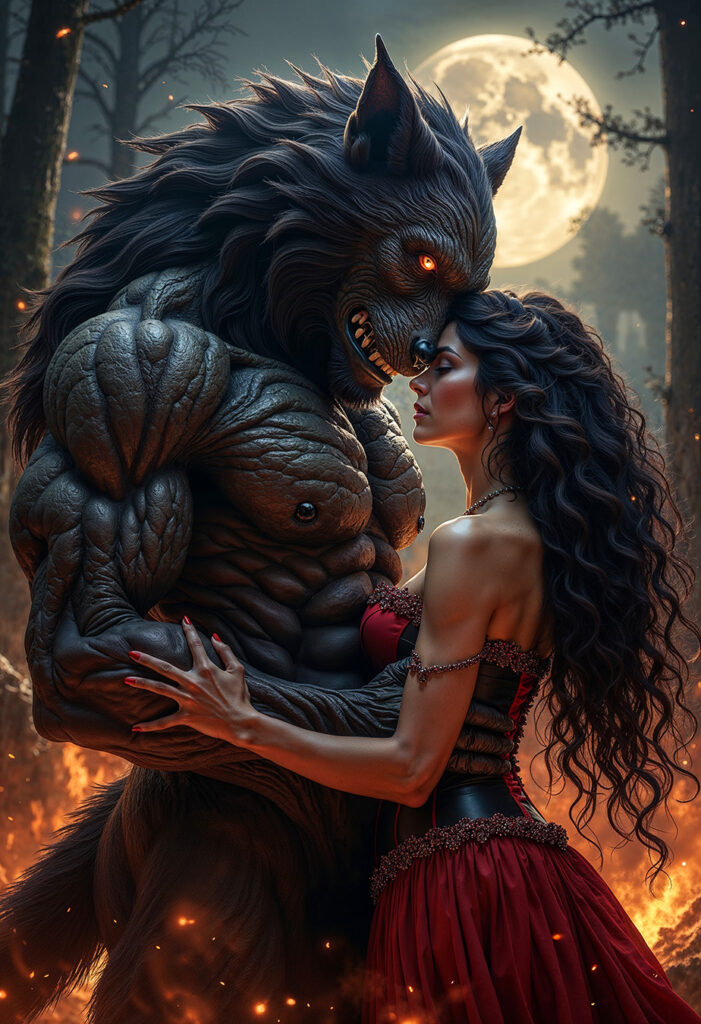 Epic dark realism artwork of a werewolf embracing a woman in red under the full moon, symbol of passion and danger in Dark Romance.