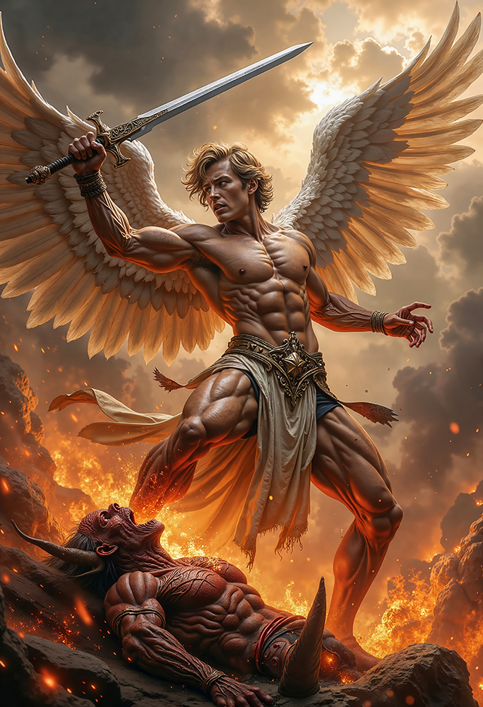 Epic dark realism of AURELION, Archangel of Blinding Judgment, golden-haired angel warrior with white wings raising a sword over a fallen horned demon in fire.