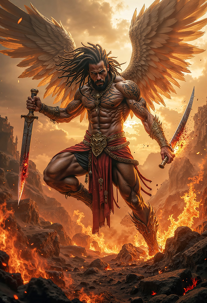 Epic dark realism of DRAELKORAN, African Archangel of Divine Vengeance, winged angel warrior with dreadlocks holding two large daggers above a fiery battlefield.