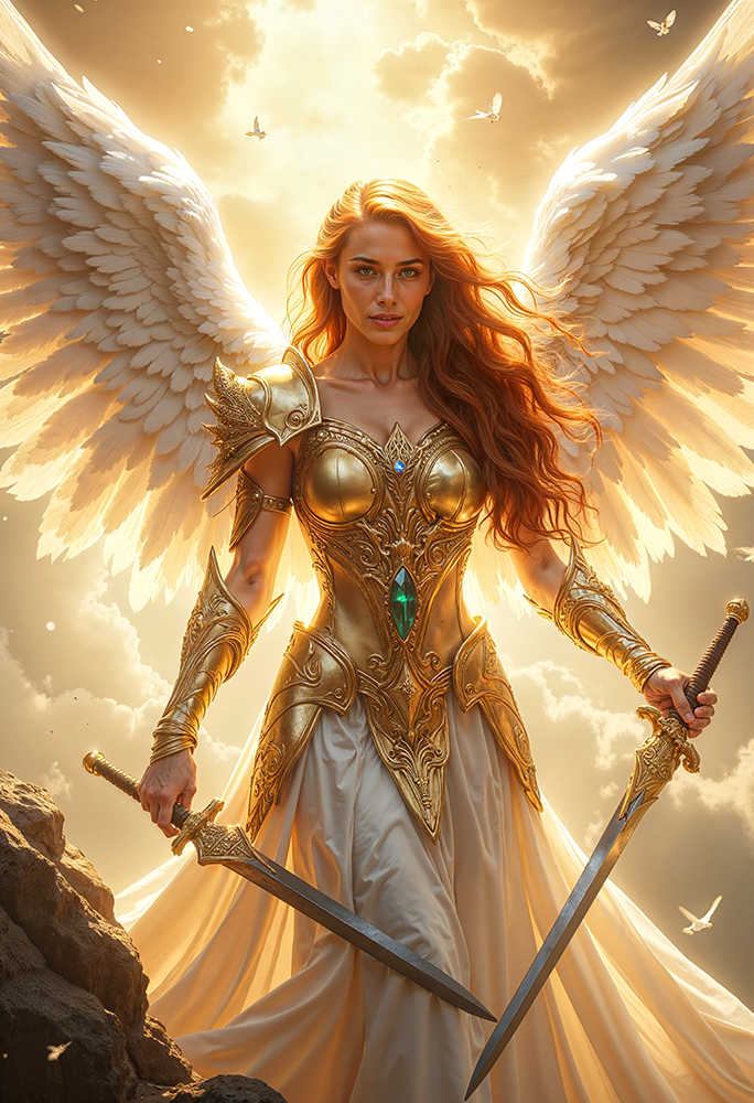 Epic dark realism of KYRAVIEL, Angel of the Twin Blades, female angel with golden armor and white wings holding two swords in radiant light.