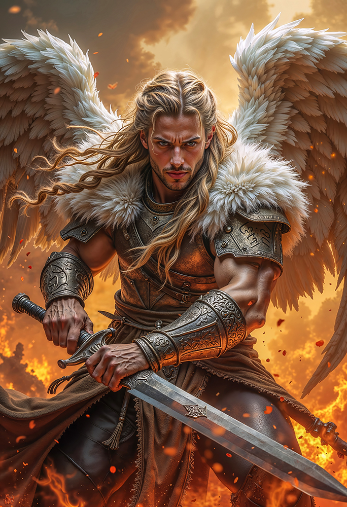 Epic dark realism artwork of LYSANTHOR, Archangel of Relentless Flame, angel warrior with golden hair, white wings, sword and burning battlefield.