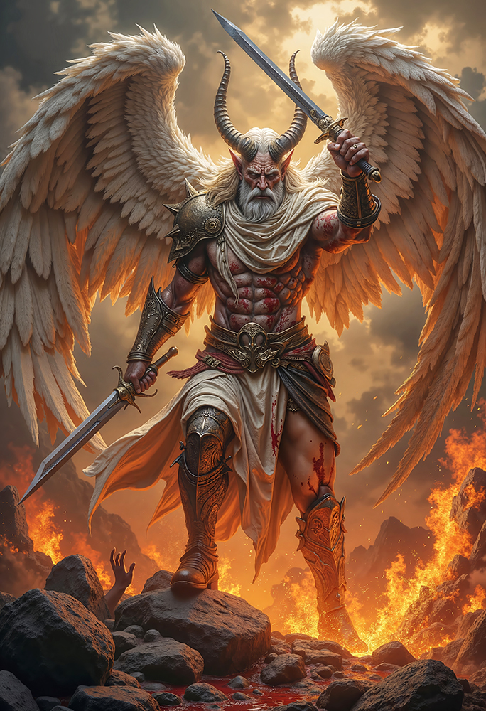 Epic dark realism of MALRAZIEL, Horned Angel of Twin Redemption, old angel warrior with white wings and two swords standing on fiery battlefield.