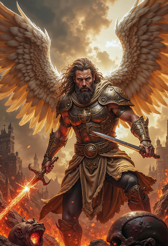 Epic dark realism of ORIONAR, Archangel of Burning Oaths, angel warrior with white wings and two swords standing on fiery battlefield.