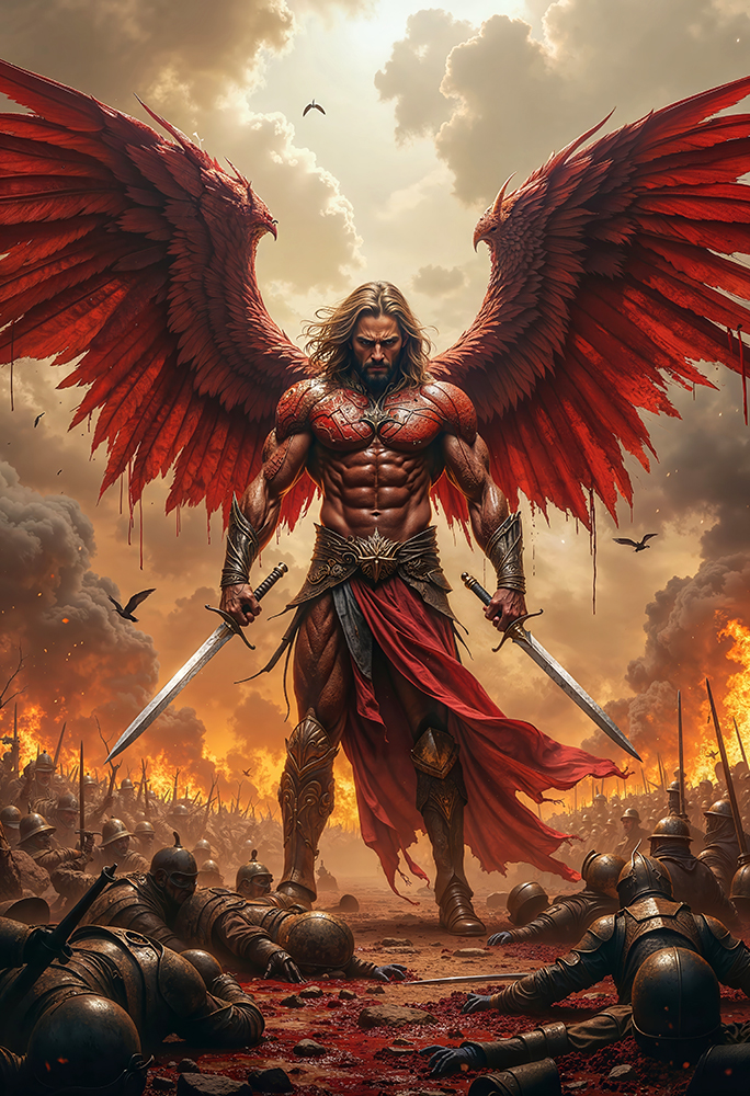 Epic dark realism of RAEZGOR, Red Winged Warrior Angel of the Burning Host, angel with red wings and twin swords standing over battlefield of fire.