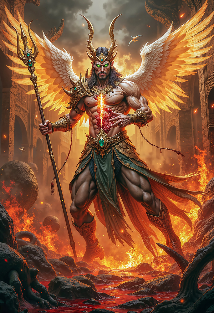 Epic dark realism of RAZKARION, Angel King of the Burning Dominion, Brazilian angel warrior with glowing spear, white wings and fiery battlefield.