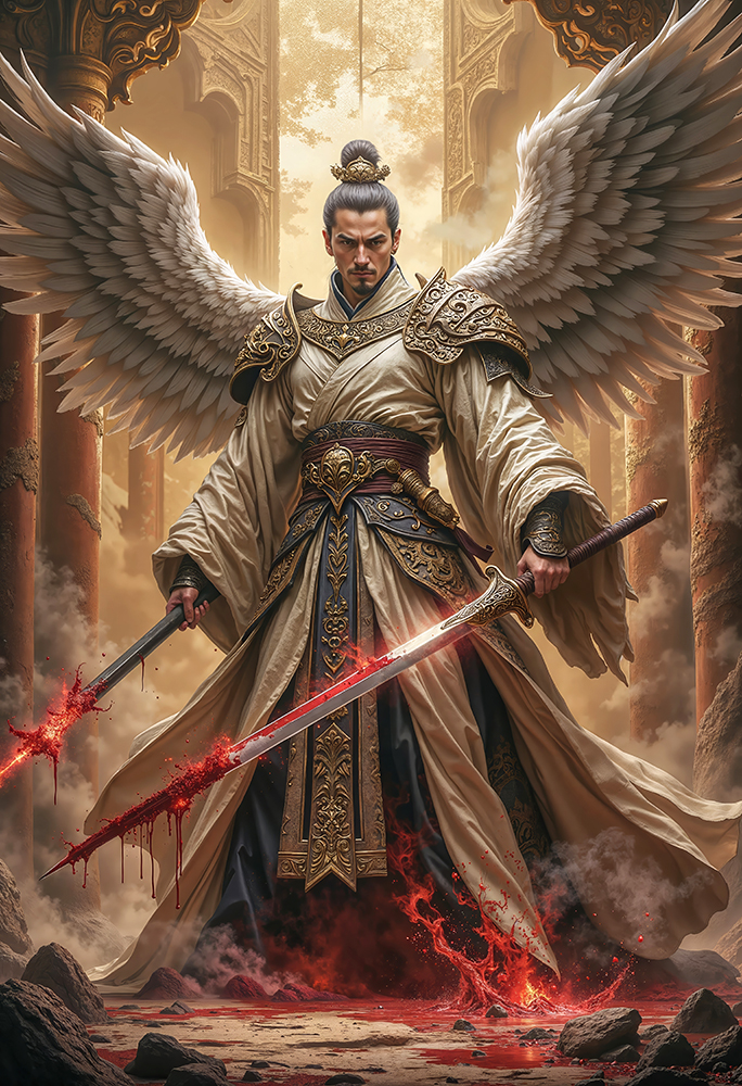Epic dark realism of SEIRAKHAN, Archangel of Crimson Equilibrium, samurai angel warrior with white wings and twin bloodstained swords in a burning temple.