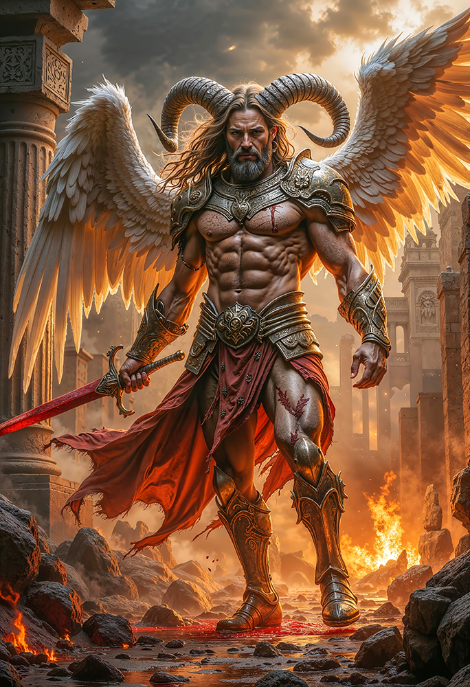 Epic dark realism of TORVARYX, Horned Angel of Burning Conquest, winged angel warrior with horns and red sword standing in ruins of fire and blood.