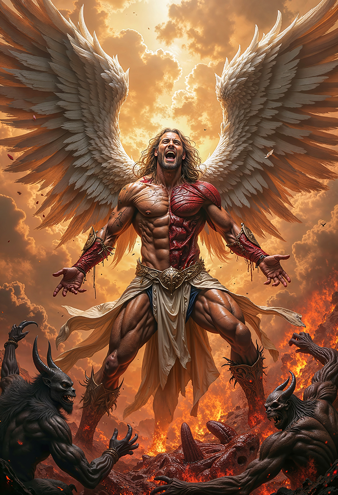 Epic dark realism of VALARYON, Angel of War Ascending, screaming angel with white wings and red demonic flesh, surrounded by attacking demons in fire.