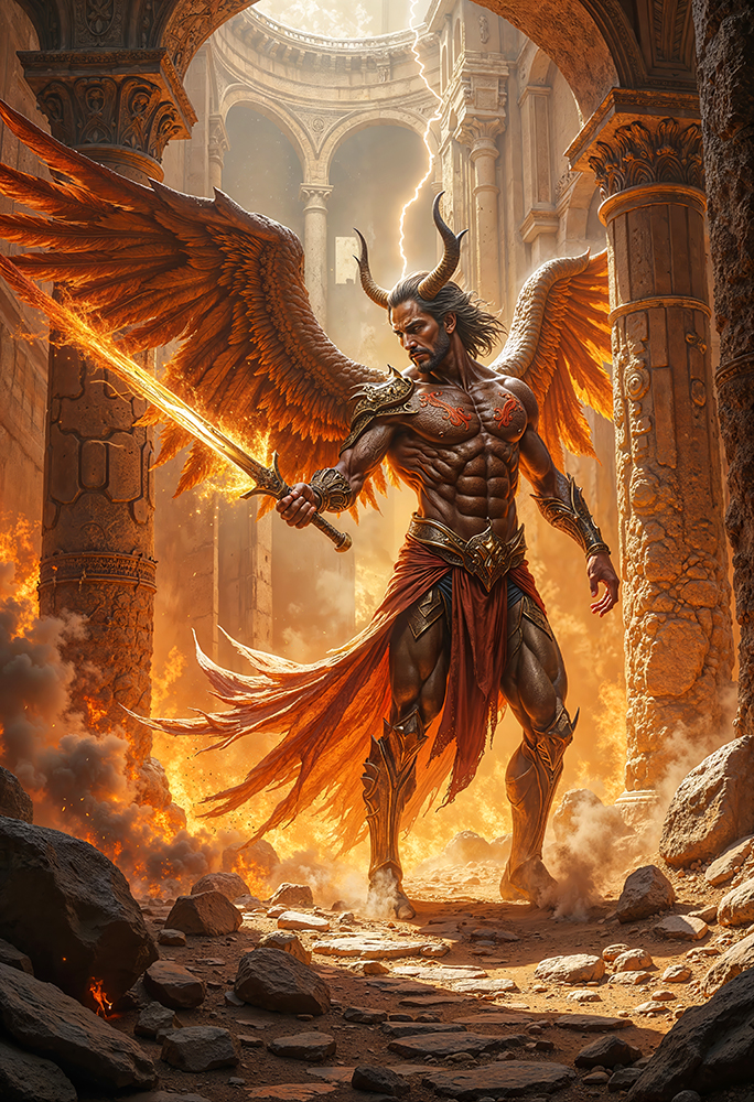 Epic dark realism of VALKORION, Infernal Archangel of the Blazing Gate, horned angel warrior with flaming sword and fiery wings in ancient temple ruins.