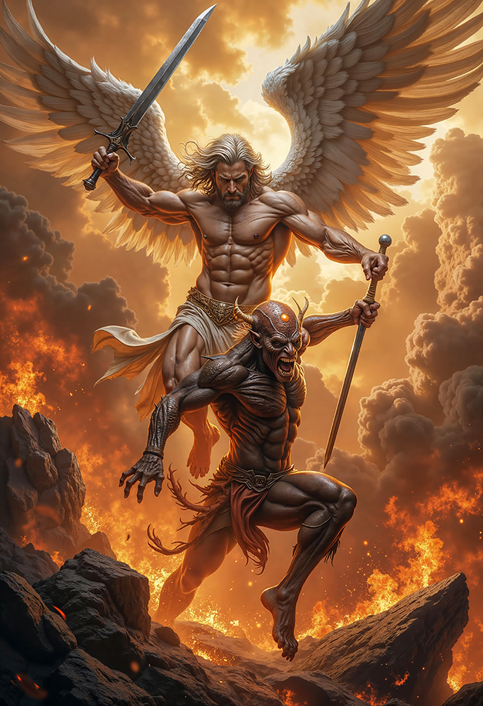 Epic dark realism of VALMARIK, Angel of the Final Strike, golden-haired angel with white wings striking down a horned demon in fire and smoke.