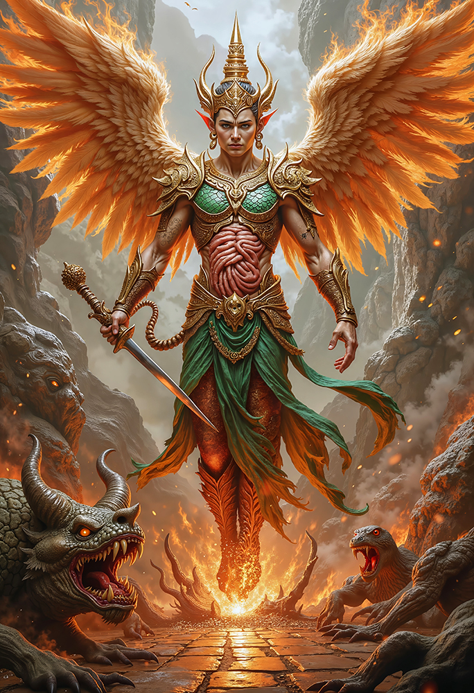 Epic dark realism of VELASHIR, Seraph of the Living Wound, Thai angel warrior with flaming wings and sword surrounded by demons.