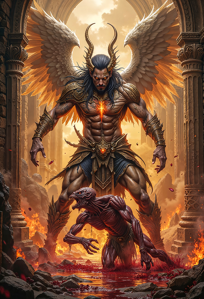 Epic dark realism of ZAVROKHAN, Horned Angel of Purifying Flame, winged warrior with horns and glowing chest, standing over a demon in blood and fire.